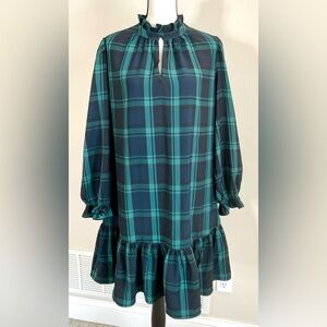 J. Crew Navy Blue Green Plaid Ruffle Hem Dress XL